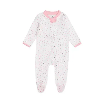 HonestBaby 2-Pack Sleep and Play Footed Pajamas One-Piece Sleeper Jumpsuit Zip-Front Pjs Organic Cotton for Baby Girls, Unisex, Rose Blossom/Love Dot, 0-3 Months