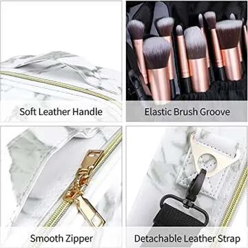 Oewoer Travel Makeup Bag 10.4 Inches Portable Makeup Train Case Cosmetic Bag Organizer with Adjustable Dividers and Shoulder Strap for Cosmetics Brushes Toiletry Jewelry Digital Accessories (Marble)
