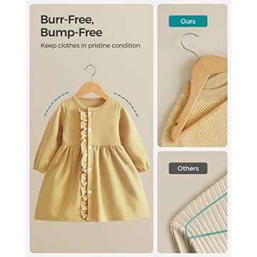 SONGMICS Kids Wooden Hangers 10 Pack, Solid Wood Baby Hangers, Children's Coat Hangers with Pants Bar, Shoulder Notches, Swivel Hooks, 12.6 x 7.5 Inches, Natural and Silver UCRW006N10