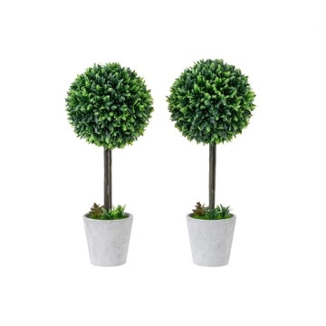 MyGift Artificial Boxwood Topiary Trees, Fake Plants Decor - 12 Inch Faux Tabletop Decorative Small House Plant with Gray Ceramic Pots, Set of 2