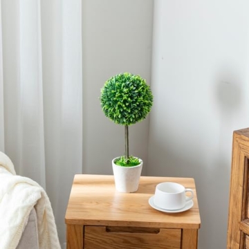 MyGift Artificial Boxwood Topiary Trees, Fake Plants Decor - 12 Inch Faux Tabletop Decorative Small House Plant with Gray Ceramic Pots, Set of 2