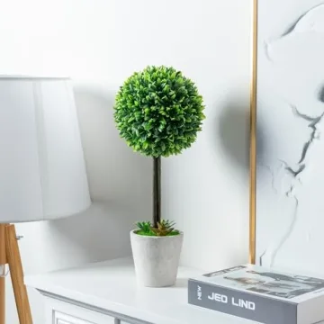 MyGift Artificial Boxwood Topiary Trees, Fake Plants Decor - 12 Inch Faux Tabletop Decorative Small House Plant with Gray Ceramic Pots, Set of 2