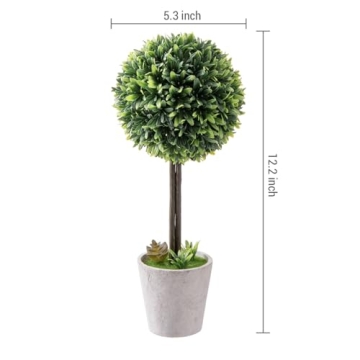 MyGift Artificial Boxwood Topiary Trees, Fake Plants Decor - 12 Inch Faux Tabletop Decorative Small House Plant with Gray Ceramic Pots, Set of 2