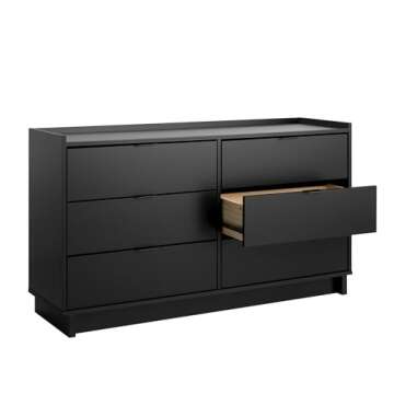Prepac Simply Modern 6-Drawer Double Dresser for Bedroom, Chest of Drawers, Modern Bedroom Furniture, 52.5” wide x 16” deep x 29.5” tall, Black