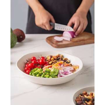 AmorArc 9.75'' Large Ceramic Pasta Bowls, 38oz Stoneware Wide Serving Bowls Set of 6 for Kitchen, Oven, Microwave&Dishwasher Safe Bowls with Wavy Rim for Fruit Pasta Salad Meal, Matte White