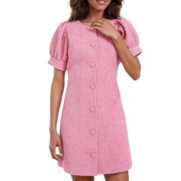 Womens Tweed Jackie Dress Short Sleeve Elegant Crew Neck Business Party Vintage Button Down Bodycon ...