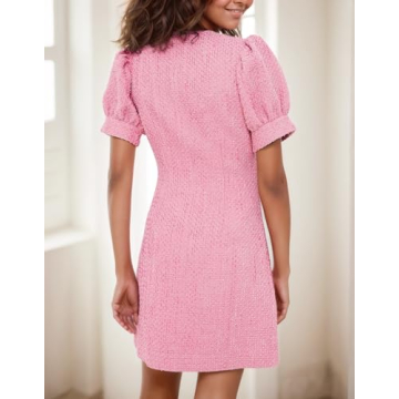 Womens Tweed Jackie Dress Short Sleeve Elegant Crew Neck Business Party Vintage Button Down Bodycon Mini Jackie Dress Pink