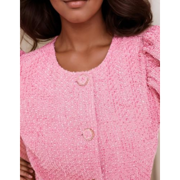 Womens Tweed Jackie Dress Short Sleeve Elegant Crew Neck Business Party Vintage Button Down Bodycon Mini Jackie Dress Pink