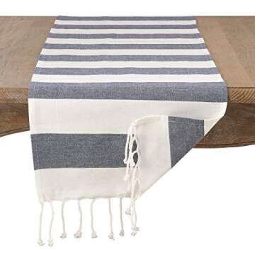 Fennco Styles Cabana Collection Nautical Striped Tassel 100% Pure Cotton 16 x72 Inch Table Runner - Navy Blue Table Runner for Wedding Banquets, Family Dinner, Special Events and Home Décor