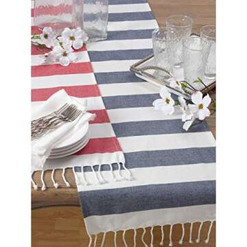 Fennco Styles Cabana Collection Nautical Striped Tassel 100% Pure Cotton 16 x72 Inch Table Runner - Navy Blue Table Runner for Wedding Banquets, Family Dinner, Special Events and Home Décor