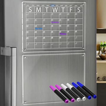 YeWink Magnetic Dry Erase Calendar Board for Fridge, 16”x12" Clear 2 Set Acrylic Planner Board for Refrigerator, Reusable Whiteboard Includes 6 Markers 3 Colors