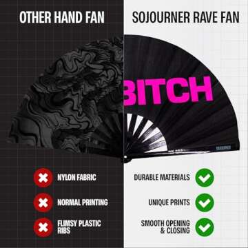 SoJourner Bags Bye B*tch Rave Fan - Large Folding Clack Fan for Men and Women - Rave Accessories for EDM, Line Dancing, Cosplay, Concerts and More