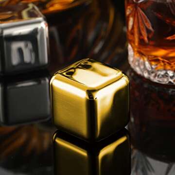 2 Large Whiskey Stones 64 cm³ (4 cu in) - Man Gift Set - Reusable Stainless Steel Metal Ice Sphere Cubes Beverage Chilling Rocks Whiskey Stones for Red Wine, Bar Beer, Scotch, Vodka Drinks - Gold