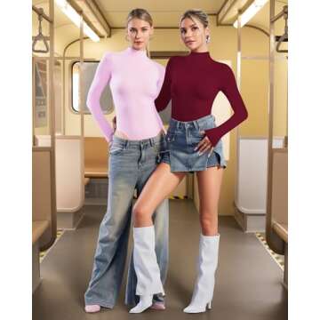 ALGALAROUND Women's Turtle Neck Bodysuit Long Sleeve Double Lined Basics Body Suit Tops