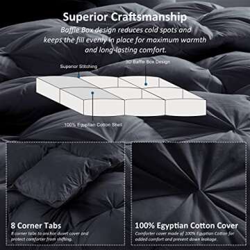 Luxurious All-Season Goose Down Feather Fiber Comforter Queen Size Duvet Insert, Exquisite Black Pinch Pleat Design, Premium Baffle Box, 100% Egyptian Cotton Cover, 65 oz. Fill Weight, Black