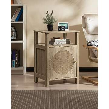 SICOTAS Rattan Nightstand Set of 2, Boho Tall Night Stand with Charging Station, Wooden Farmhouse Be...