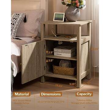 SICOTAS Rattan Nightstand Set of 2, Boho Tall Night Stand with Charging Station, Wooden Farmhouse Bedside End Table with Storage, 4-Tier Nightstands with Adjustable Shelf for Bedroom or Living Room