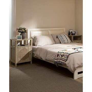 SICOTAS Rattan Nightstand Set of 2, Boho Tall Night Stand with Charging Station, Wooden Farmhouse Bedside End Table with Storage, 4-Tier Nightstands with Adjustable Shelf for Bedroom or Living Room