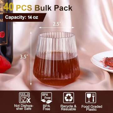 Lueumxc 40 Pack Plastic Ribbed Wine Glasses, 14Oz Origami Disposable Wine Glasses Unbreakable Clear ...