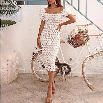 Cololura Elegant Sexy Floral Lace Short Sleeve Off Shoulder Evening Gown Party Formal Bodycon Midi D...
