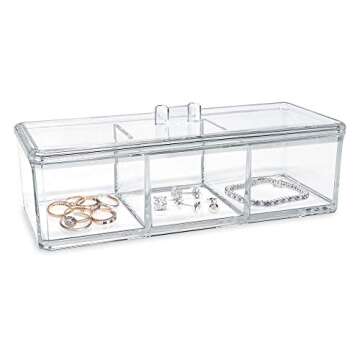 Isaac Jacobs 3-Compartment Clear Acrylic Rectangular Stackable Organizer with Lid, Multi-Sectional Drawer Tray, Storage Solution for Makeup, Craft Supplies, for Bathroom, Kitchen, Office (1, Clear)