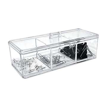 Isaac Jacobs 3-Compartment Clear Acrylic Rectangular Stackable Organizer with Lid, Multi-Sectional Drawer Tray, Storage Solution for Makeup, Craft Supplies, for Bathroom, Kitchen, Office (1, Clear)