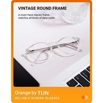 TIJN Blue Light Blocking Glasses Men Women Vintage Thick Round Rim Frame Eyeglasses(Clear)