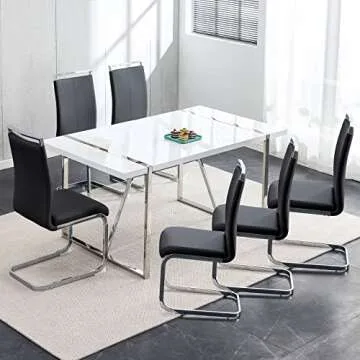 Dining Table Set for 6，White Rectangular MDF Kitchen Table and Leather Dining Chairs Set of 6, 7 Piece Dining Table Set，Modern Metal Frame Dining Room Table Set 6 with Metal Frame For Kitchen