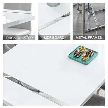 Dining Table Set for 6，White Rectangular MDF Kitchen Table and Leather Dining Chairs Set of 6, 7 Piece Dining Table Set，Modern Metal Frame Dining Room Table Set 6 with Metal Frame For Kitchen