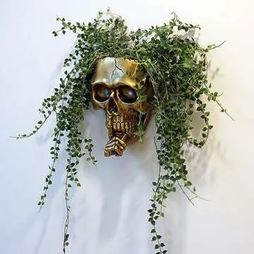 Dolkgy Skull Hanging Plant Pot for Home Décor, Spooky Skull Wall Planters for Indoor Outdoor Plants, Unique Modern Gothic Skull Vase Face Flower Pot Gold Head Planters with Drainage