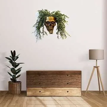 Dolkgy Skull Hanging Plant Pot for Home Décor, Spooky Skull Wall Planters for Indoor Outdoor Plants, Unique Modern Gothic Skull Vase Face Flower Pot Gold Head Planters with Drainage