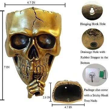 Dolkgy Skull Hanging Plant Pot for Home Décor, Spooky Skull Wall Planters for Indoor Outdoor Plants, Unique Modern Gothic Skull Vase Face Flower Pot Gold Head Planters with Drainage