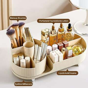 Rotating Makeup Organizer for Vanity with Brush Holder, Cosmetic Makeup Storage Organizer, Large Spi...