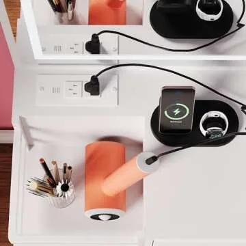 Jartoil Vanity with Charging Station, Makeup Vanity with Mirror & LED Light, 7 Drawers Cute White Wood Vanity Desk for Bedroom, Large Dimming Makeup Mirror Table