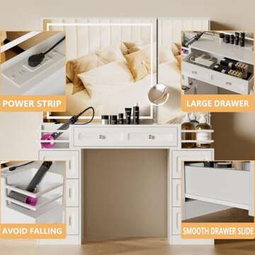 Jartoil Vanity with Charging Station, Makeup Vanity with Mirror & LED Light, 7 Drawers Cute White Wood Vanity Desk for Bedroom, Large Dimming Makeup Mirror Table