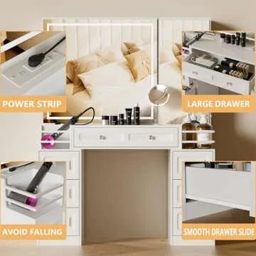 Jartoil Vanity with Charging Station, Makeup Vanity with Mirror & LED Light, 7 Drawers Cute White Wood Vanity Desk for Bedroom, Large Dimming Makeup Mirror Table