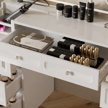 Jartoil Vanity with Charging Station, Makeup Vanity with Mirror & LED Light, 7 Drawers Cute White Wood Vanity Desk for Bedroom, Large Dimming Makeup Mirror Table