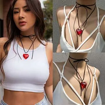 Mullike Chunky Puffy Heart Choker Necklace for Women Big Glass Heart Pendant Necklace With Elegant Braided Bow Adjustable Goth Black Velvet Chain Y2K Trendy Jewelry Gifts for Teen Girls, Glass, glass