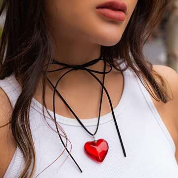 Mullike Chunky Puffy Heart Choker Necklace for Women Big Glass Heart Pendant Necklace With Elegant Braided Bow Adjustable Goth Black Velvet Chain Y2K Trendy Jewelry Gifts for Teen Girls, Glass, glass