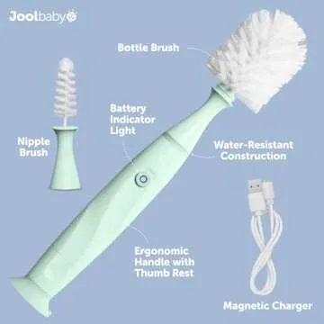 Jool Baby Electric Bottle Brush Cleaner – Faster & Easier Bottle Washing, Ergonomic, Rechargeable, Suction Cup Base (Mint)