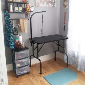 Yaheetech 32-inch Foldable Pet Dog Grooming Table with Adjustable Height Arm Drying Table for Home w/Noose for Small Dogs Cats Non-Slip Maximum Capacity Up to 220lbs Black