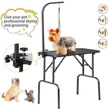 Yaheetech 32-inch Foldable Pet Dog Grooming Table with Adjustable Height Arm Drying Table for Home w/Noose for Small Dogs Cats Non-Slip Maximum Capacity Up to 220lbs Black