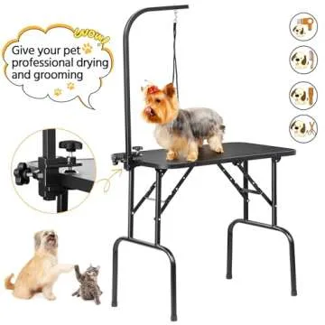 Yaheetech 32-inch Foldable Pet Dog Grooming Table with Adjustable Height Arm Drying Table for Home w/Noose for Small Dogs Cats Non-Slip Maximum Capacity Up to 220lbs Black