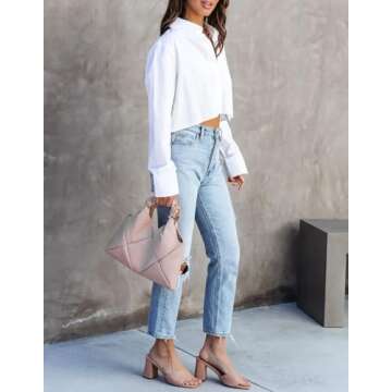 Womens Long Sleeve Button Down Shirts Spring Casual Cropped Cotton Blouses 2025 Trendy Loose Crop Shirt Tops with Chest Pocket White,S