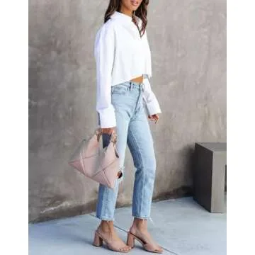 Womens Long Sleeve Button Down Shirts Spring Casual Cropped Cotton Blouses 2025 Trendy Loose Crop Shirt Tops with Chest Pocket White,S