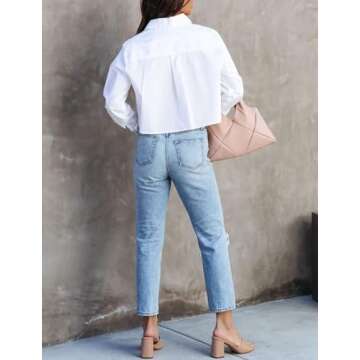 Womens Long Sleeve Button Down Shirts Spring Casual Cropped Cotton Blouses 2025 Trendy Loose Crop Shirt Tops with Chest Pocket White,S