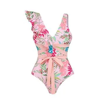IDOPIP Women's One Piece Swimsuit with Cover up Beach Skirt Retro Floral Printed Swimsuit Bathing Su...