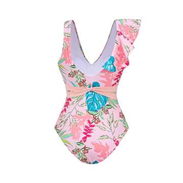 IDOPIP Women's One Piece Swimsuit with Cover up Beach Skirt Retro Floral Printed Swimsuit Bathing Suit Ruffle V-Neck Monokini Swimwear Sarong Coverups Two Piece Bikini Set Beachwear Pink - Belt S