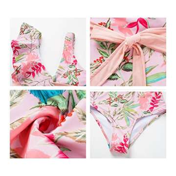 IDOPIP Women's One Piece Swimsuit with Cover up Beach Skirt Retro Floral Printed Swimsuit Bathing Suit Ruffle V-Neck Monokini Swimwear Sarong Coverups Two Piece Bikini Set Beachwear Pink - Belt S