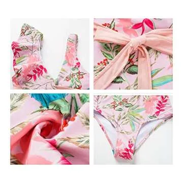 IDOPIP Women's One Piece Swimsuit with Cover up Beach Skirt Retro Floral Printed Swimsuit Bathing Suit Ruffle V-Neck Monokini Swimwear Sarong Coverups Two Piece Bikini Set Beachwear Pink - Belt S
